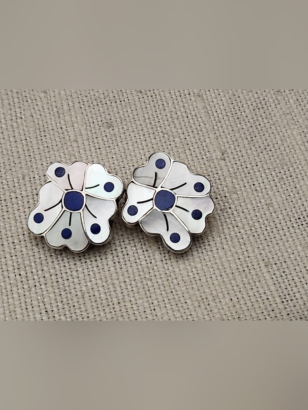 Vintage Signed Sonny Wallace Zuni Mother of Pearl Poppy Clip Earrings